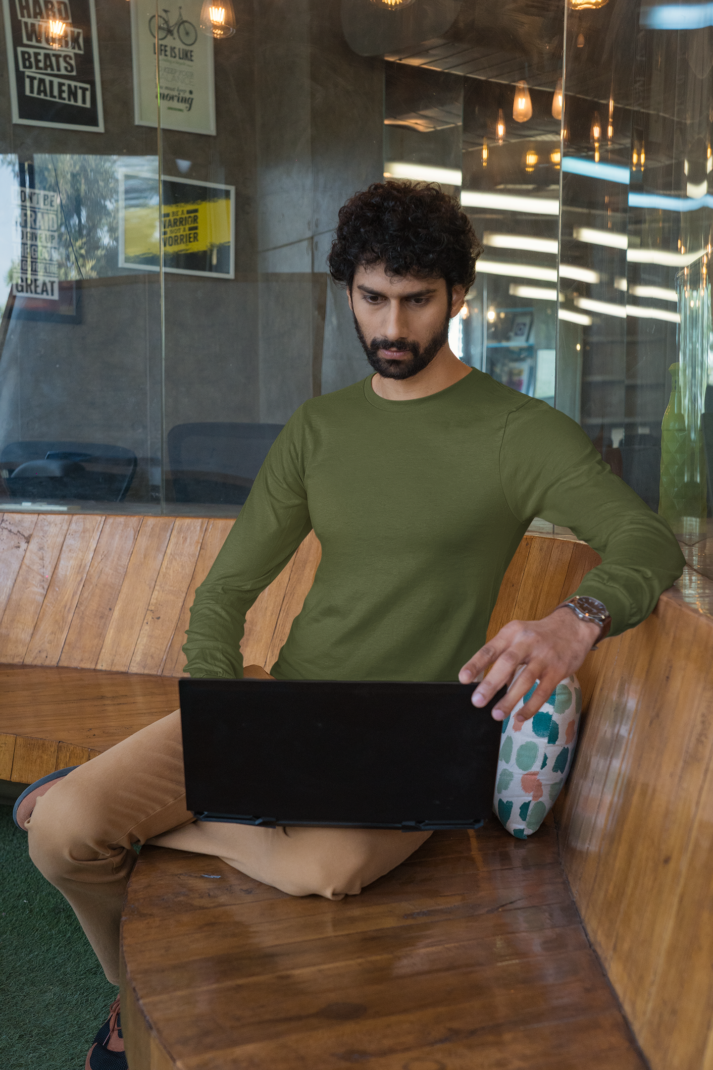 Men's Solid Full Sleeve Cotton T-Shirt – Winter Casuals – Slim Fit & Stylish | Olive Green