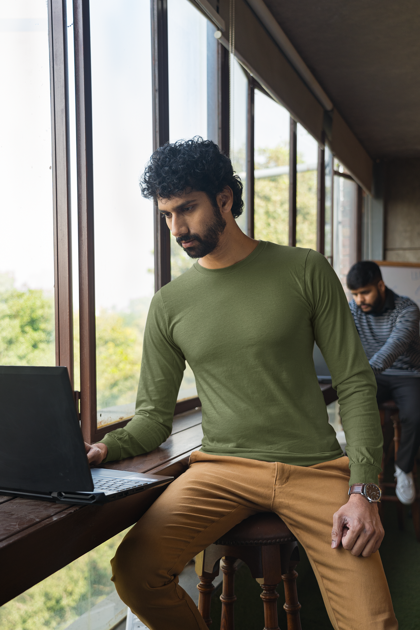 Men's Solid Full Sleeve Cotton T-Shirt – Winter Casuals – Slim Fit & Stylish | Olive Green