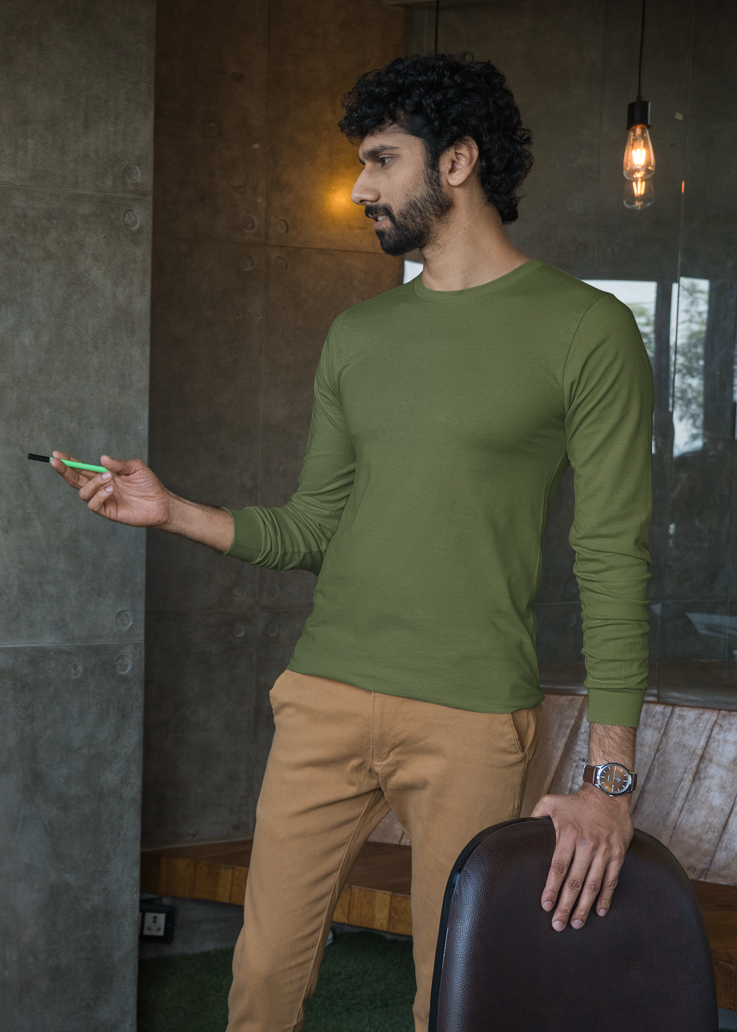 Men's Solid Full Sleeve Cotton T-Shirt – Winter Casuals – Slim Fit & Stylish | Olive Green